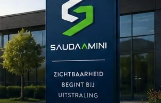 Conceptweergave: verlichte reclamezuil met Saudaamini-logo bij de entree van een bedrijfspand
